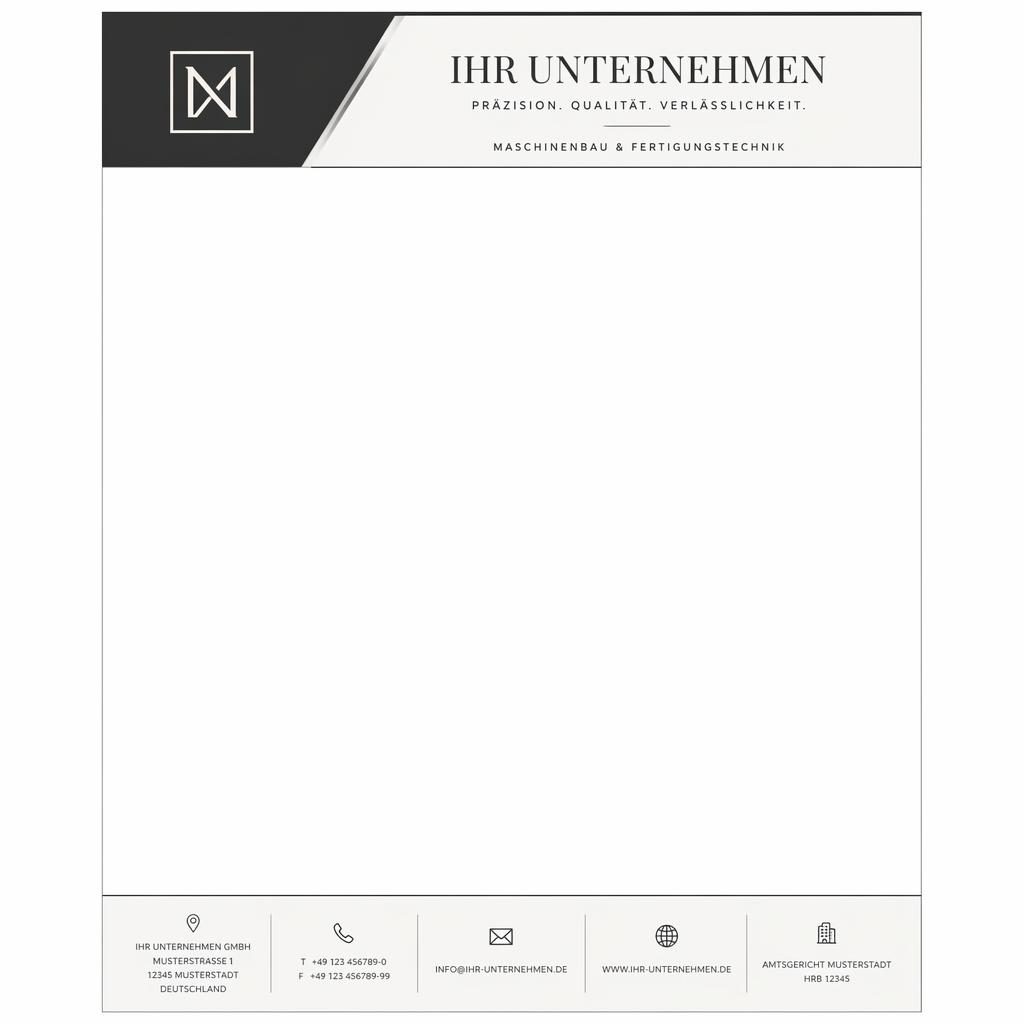 A4-Briefkopf nach DIN 5008 mit edlem Serif-Stil, Kopfband, Logo-Platzhalter, Fußleiste und großem Textbereich
