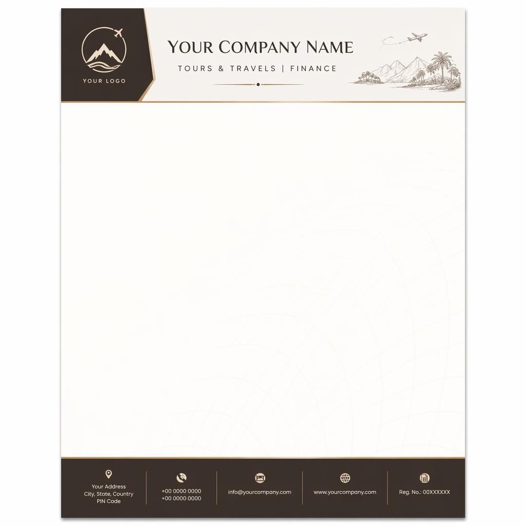 A4 portrait letterhead for tours and travels with header band, footer strip, logo placeholder, and subtle grid watermark