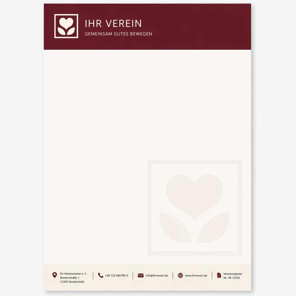 A4-Briefbogen im Swiss-Design mit bordeaux-cremefarbenem Header, Footerleiste, Logoplatzhalter und dezentem Wasserzeichen