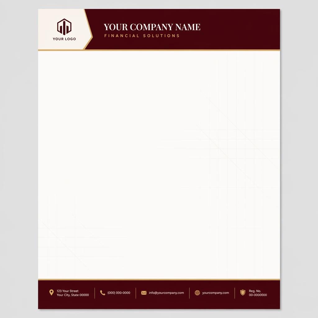A4 portrait letterhead template with burgundy header band, cream background, footer strip, logo placeholder, and subtle grid watermark.