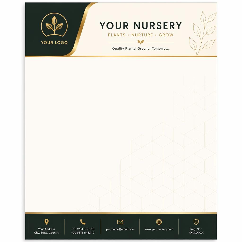 A4 portrait plant nursery letterhead template with gold and cream header, footer strip, logo placeholder, and geometric watermark.