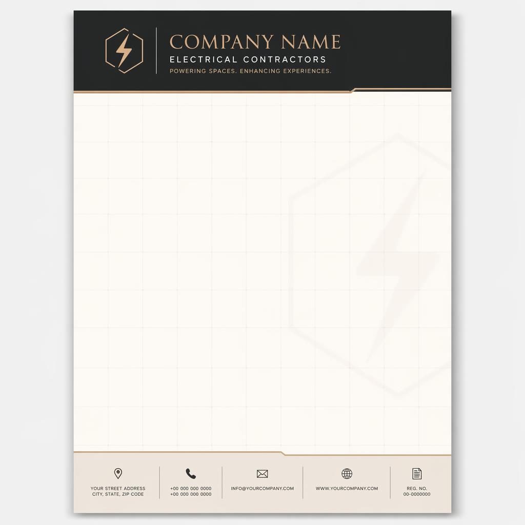 A4 portrait letterhead template with elegant monochrome header band, footer strip, grid watermark, and wide body area