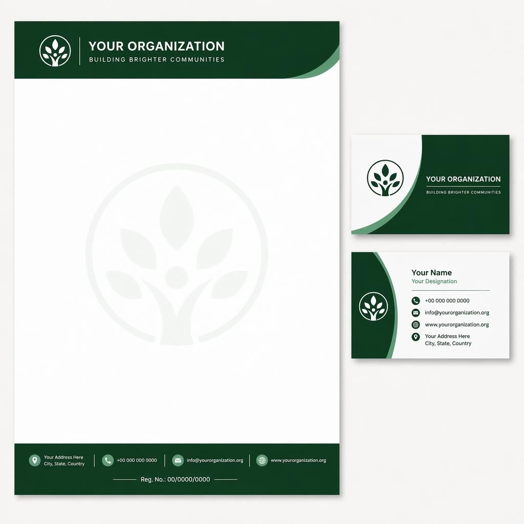 A4 portrait letterhead with forest green header and footer, subtle logo watermark, and matching minimalist visiting card