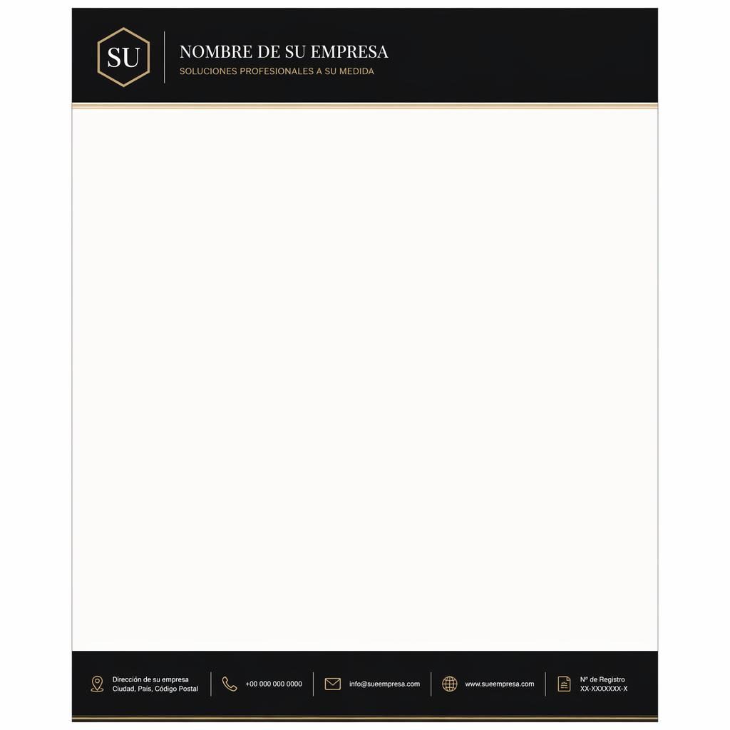 Plantilla de membrete A4 vertical con banda superior, logo y nombre de empresa, y pie con datos de contacto en negro.
