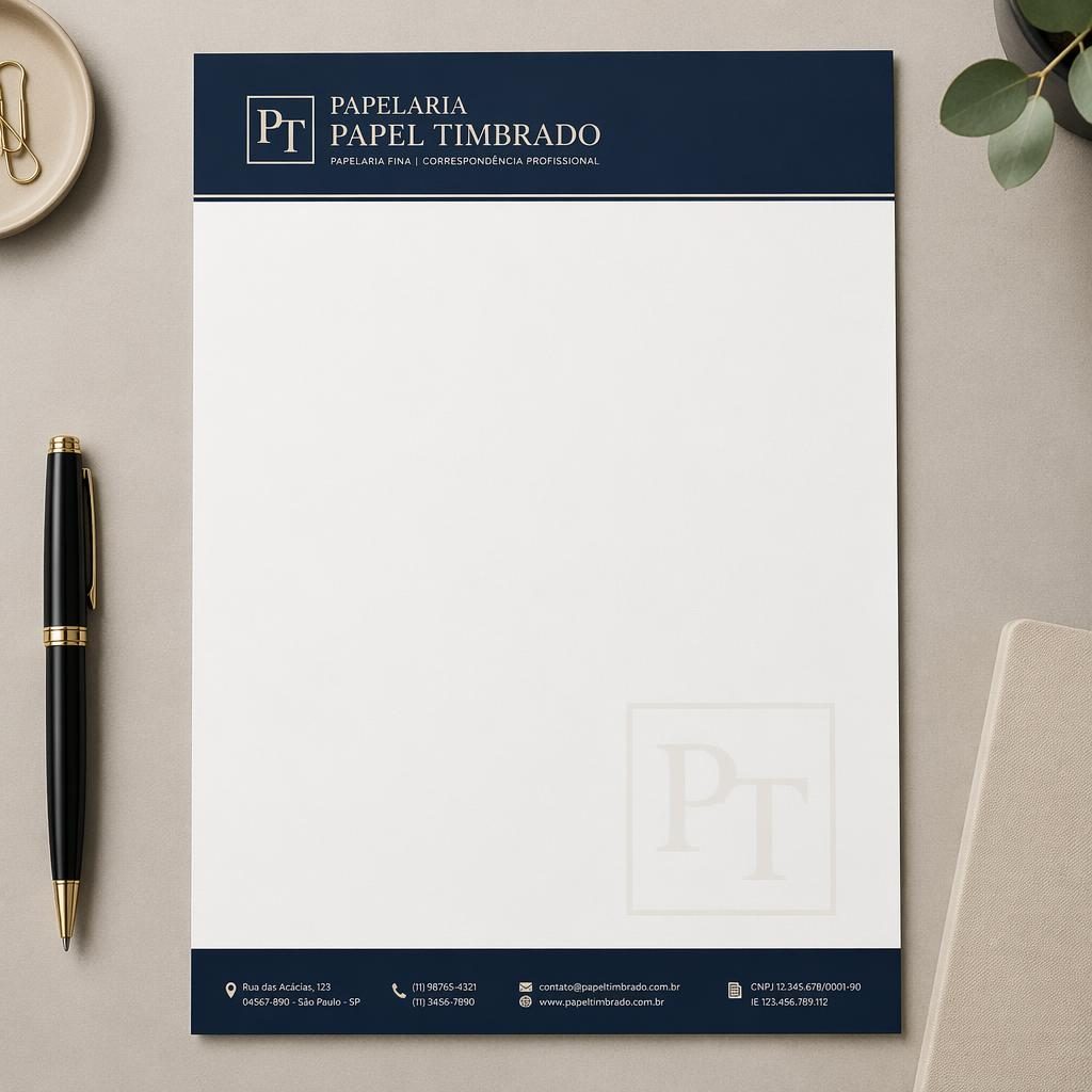 Folha A4 vertical de papelaria papel timbrado sobre mesa neutra, com cabeçalho azul-marinho, rodapé e layout clean