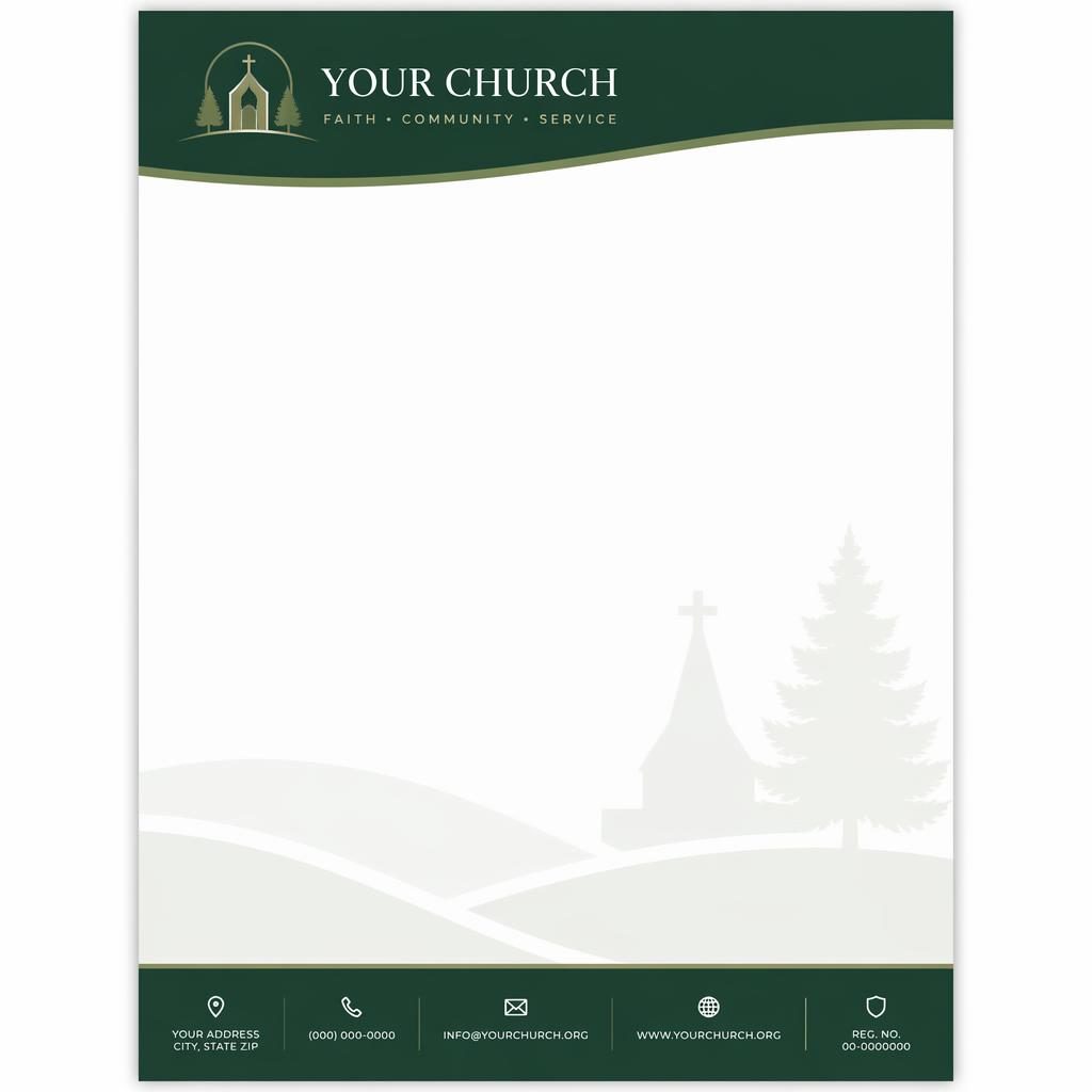 A4 portrait letterhead template with forest green header and footer, logo placeholder, soft band watermark, and wide text area