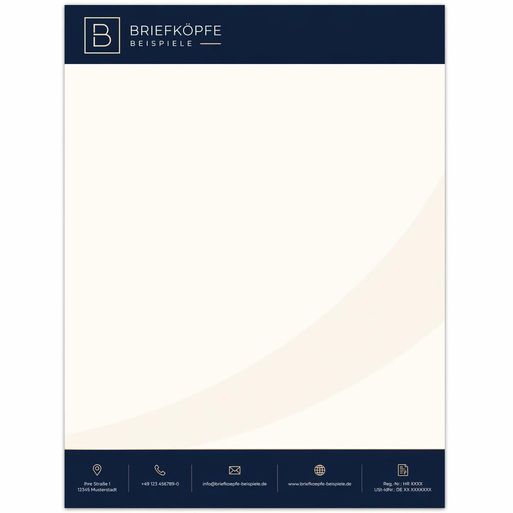 Moderne A4-Briefkopfvorlage in Navy und Creme mit Kopfzeile, Logo-Platzhalter, Footer-Leiste und weichem Band