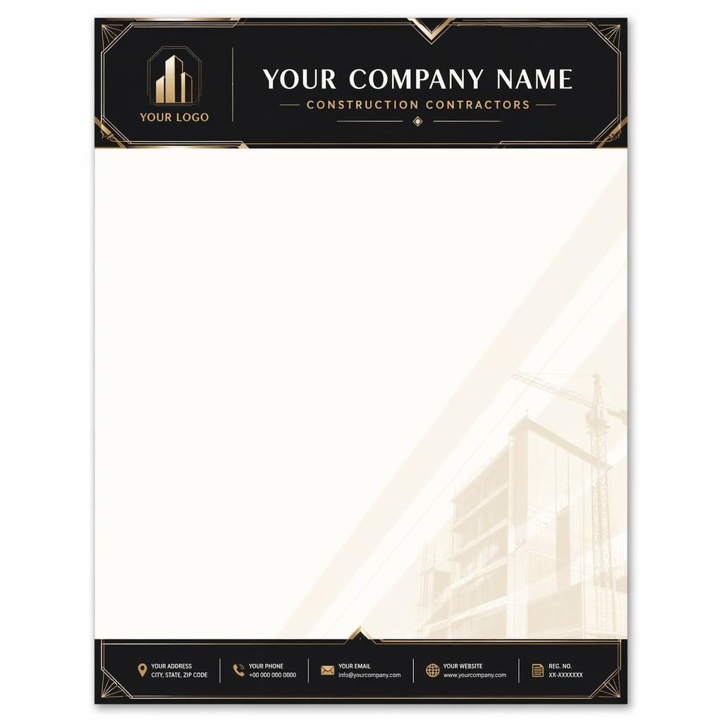 A4 portrait letterhead template in black and warm white with art deco header band, footer strip, logo placeholder, and soft watermark.