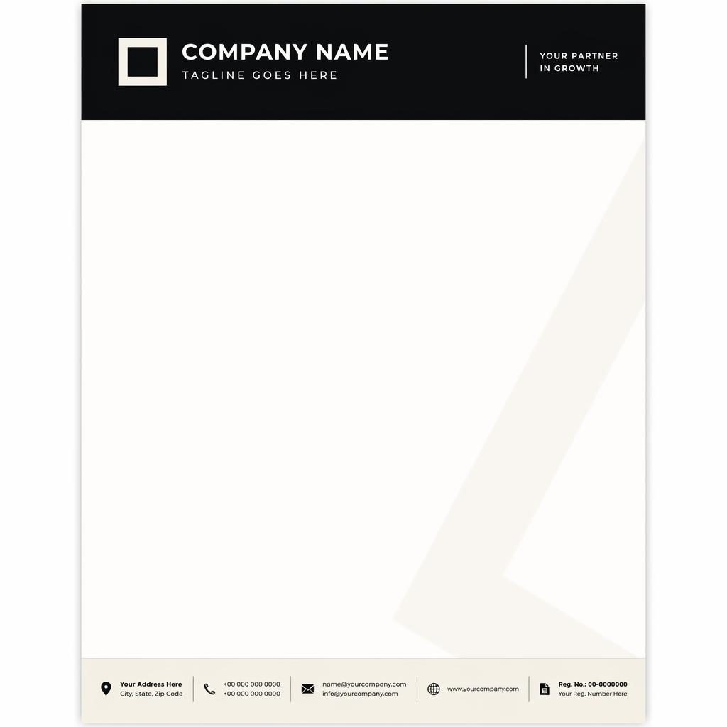 A4 portrait Swiss-style agency letterhead with black and warm white palette, header band, footer strip, and soft watermark