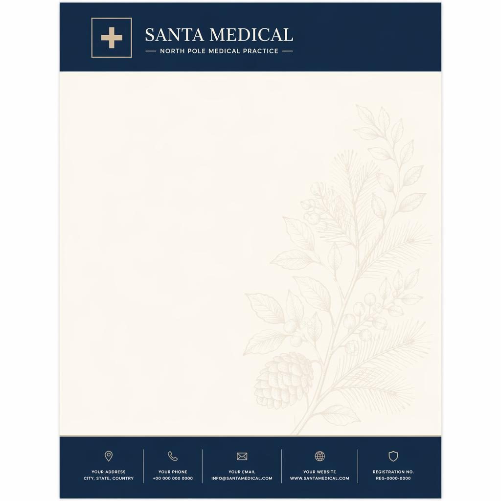 A4 portrait medical letterhead template in Swiss design with navy and cream header, footer, logo placeholder, and botanical watermark.