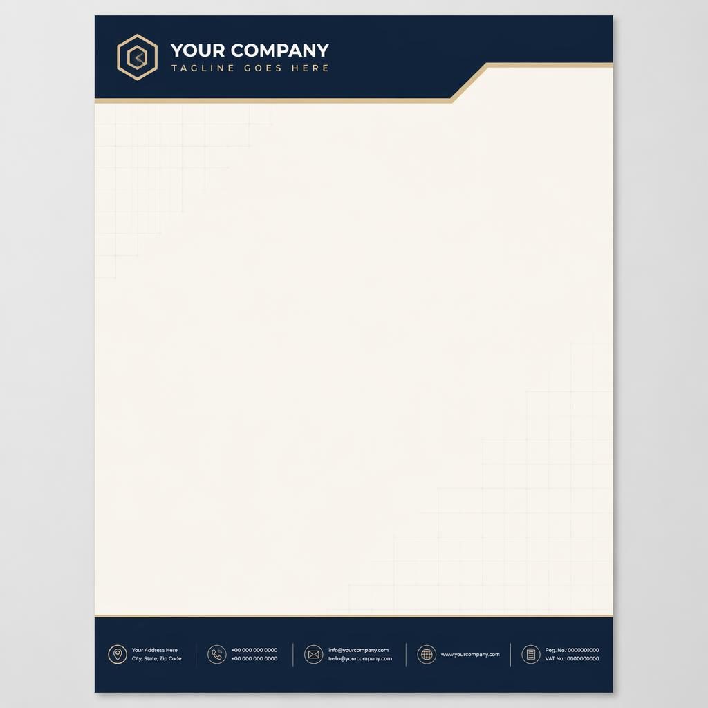 A4 portrait letterhead template with navy header band, cream layout, footer placeholders, and subtle grid watermark.