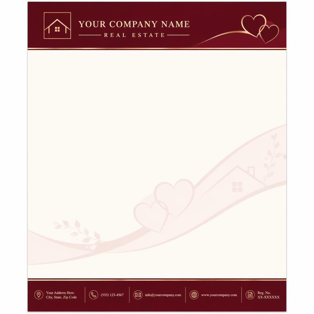 A4 portrait valentines day letterhead template with burgundy header, cream background, footer strip, and soft watermark band