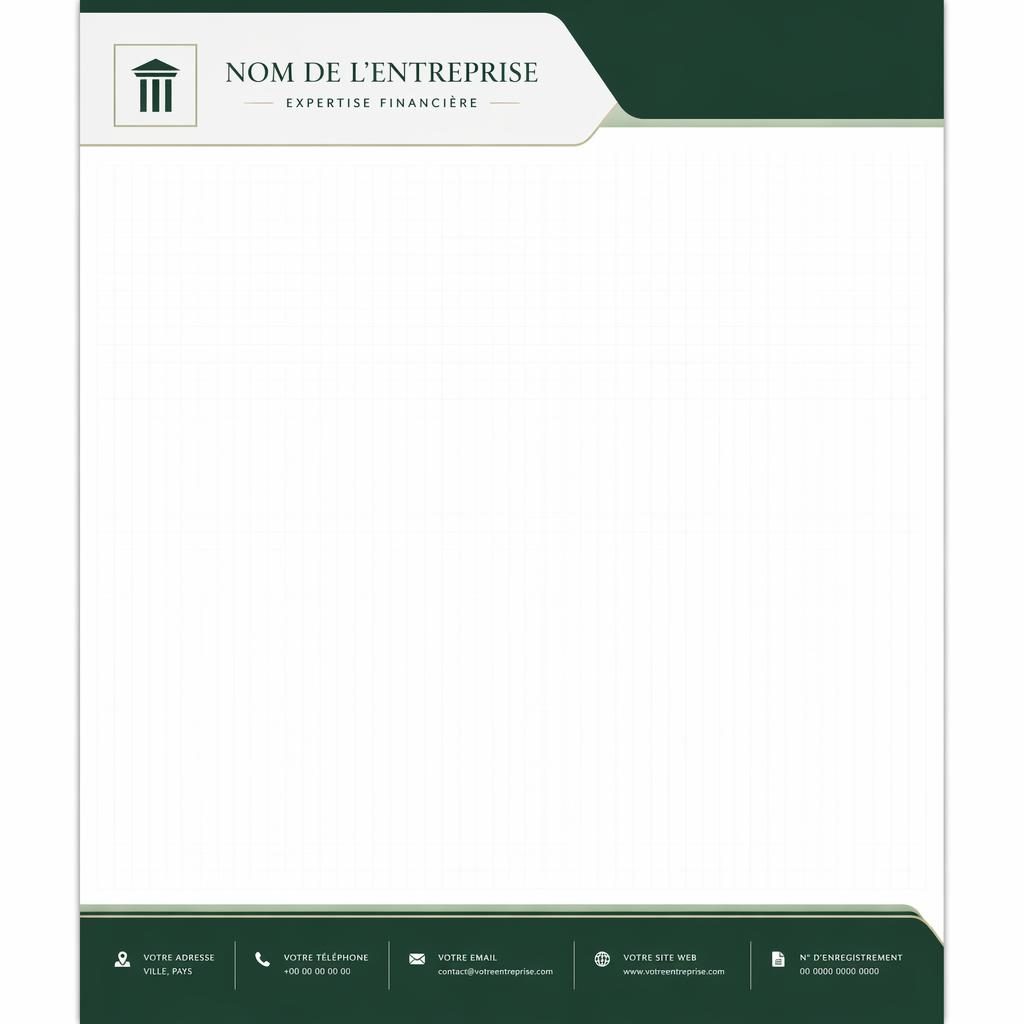 Modèle de papier entête A4 portrait vert forêt, bandeau supérieur, pied de page, logo et coordonnées en espaces réservés.