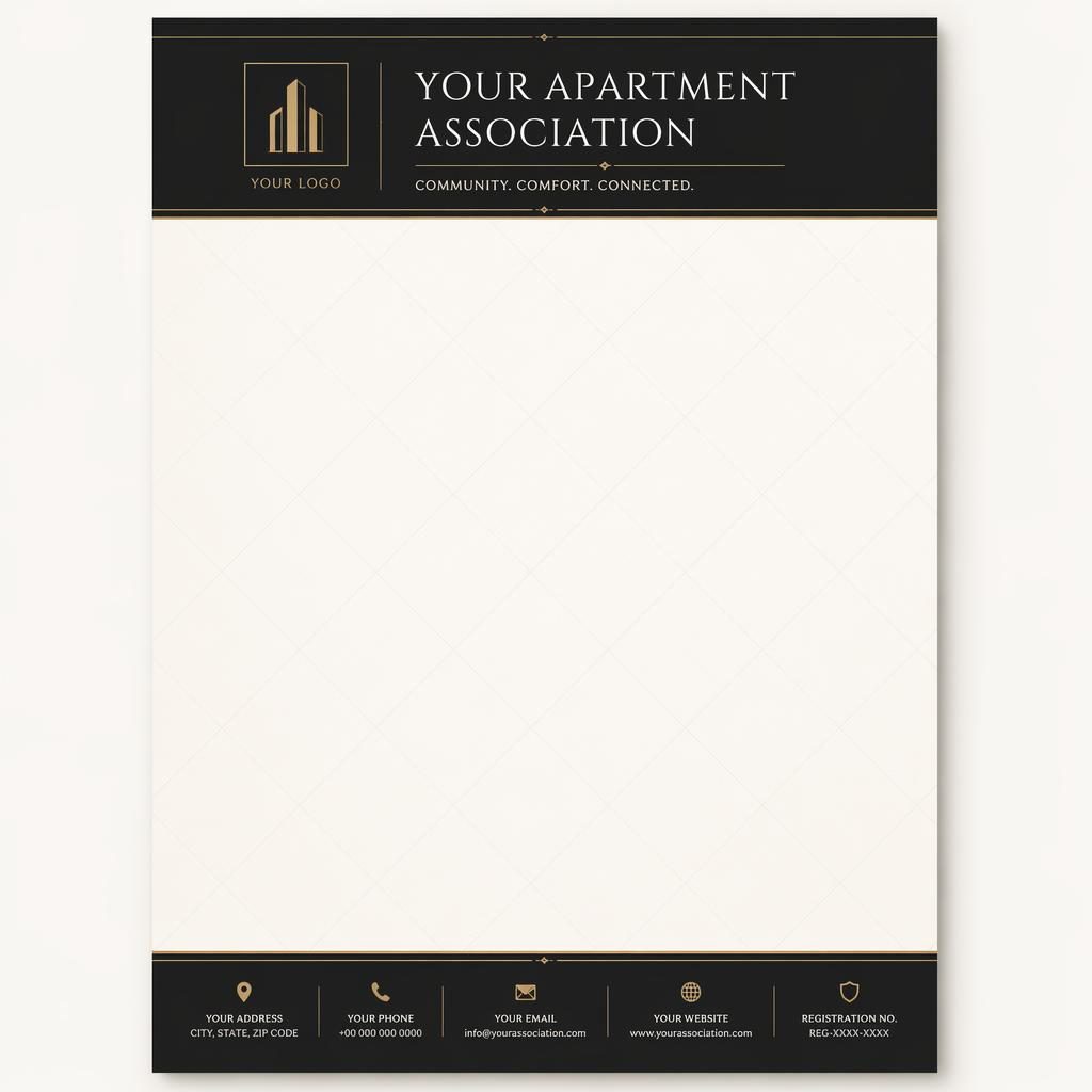 A4 portrait luxury letterhead with serif header band, footer strip, grid watermark, and placeholder branding details
