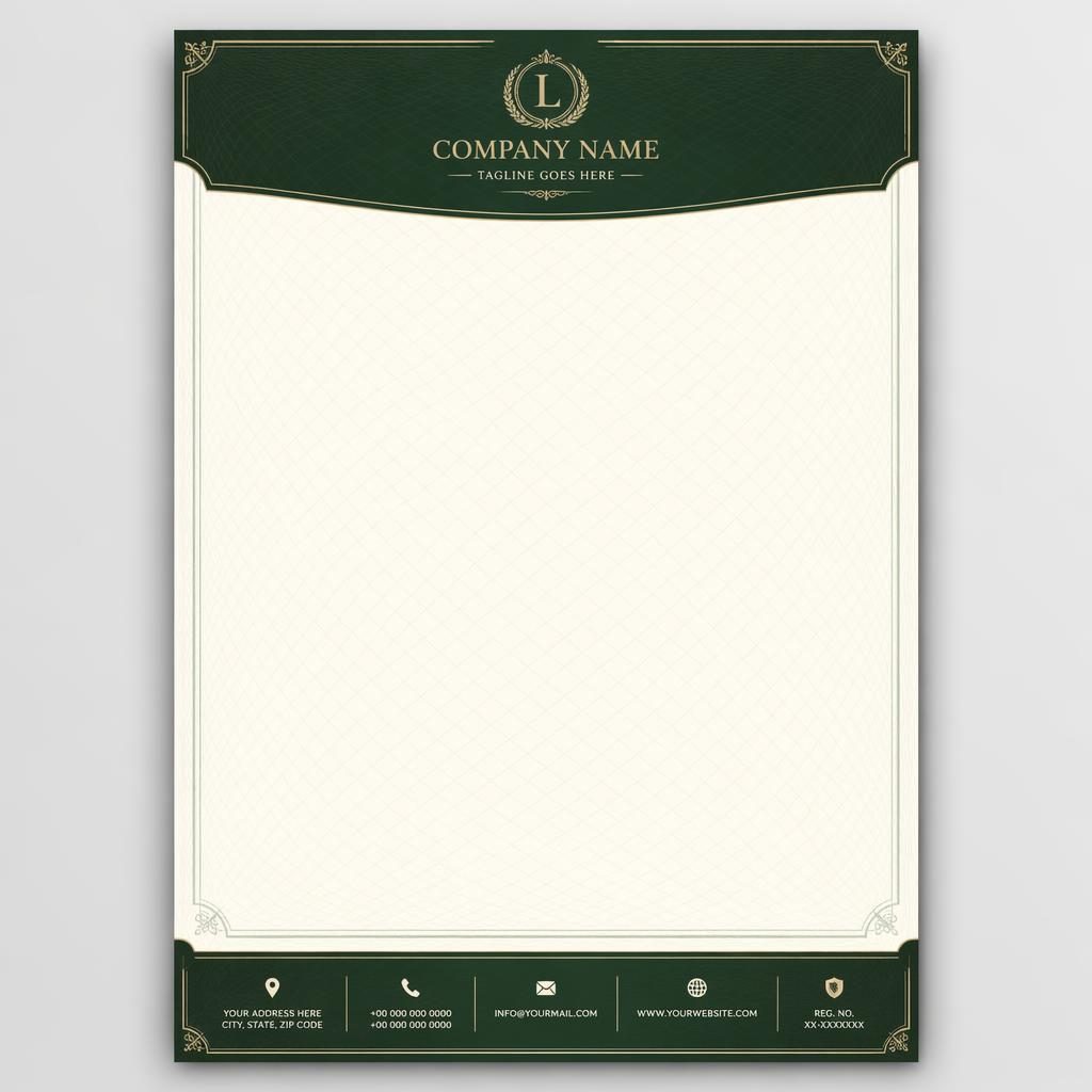 A4 portrait luxury hospitality letterhead template in forest green with engraved style, header band, footer strip, and grid watermark.
