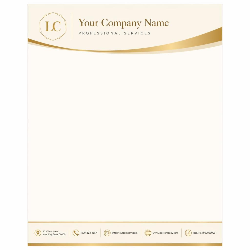 A4 portrait letterhead template with a gold and cream header band, footer contact strip, logo placeholder, and wide body area.