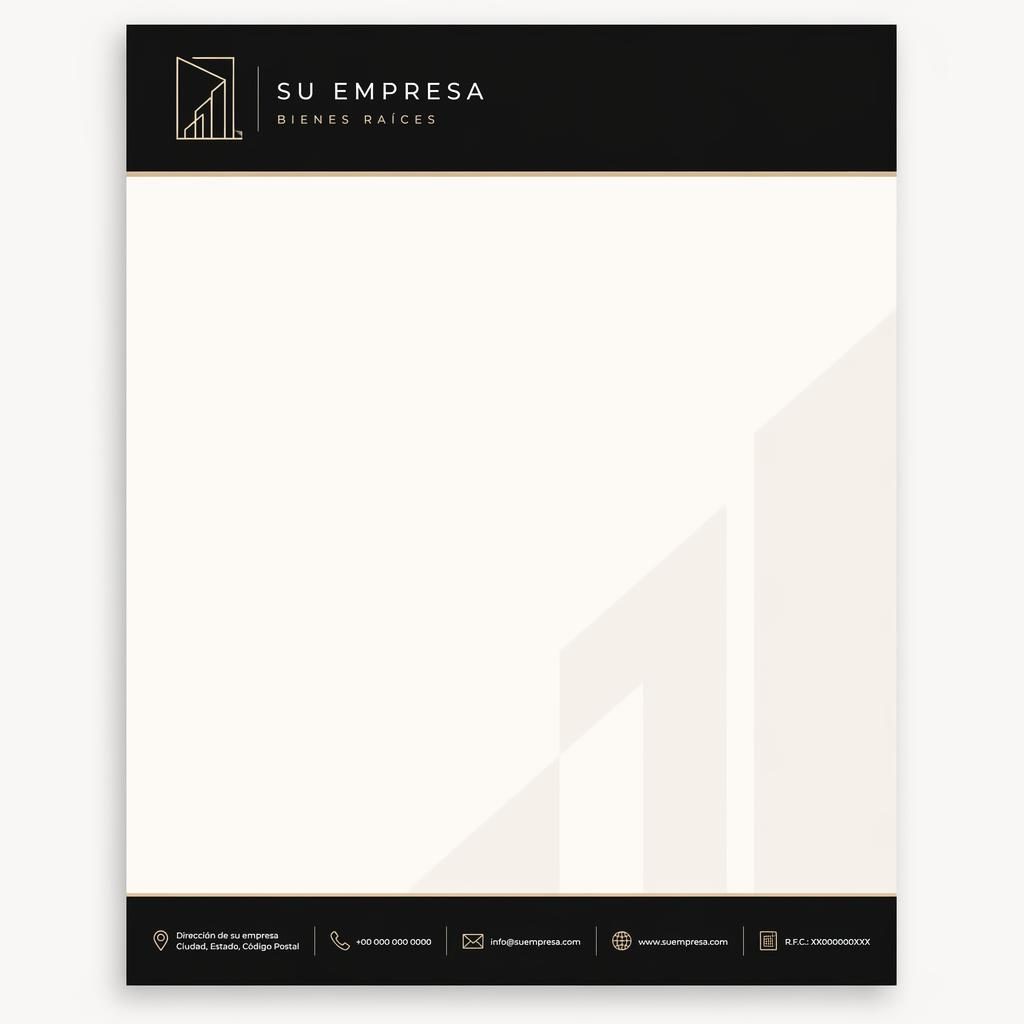 Plantilla de membrete A4 vertical en negro y blanco cálido, con banda superior, pie informativo y franja suave