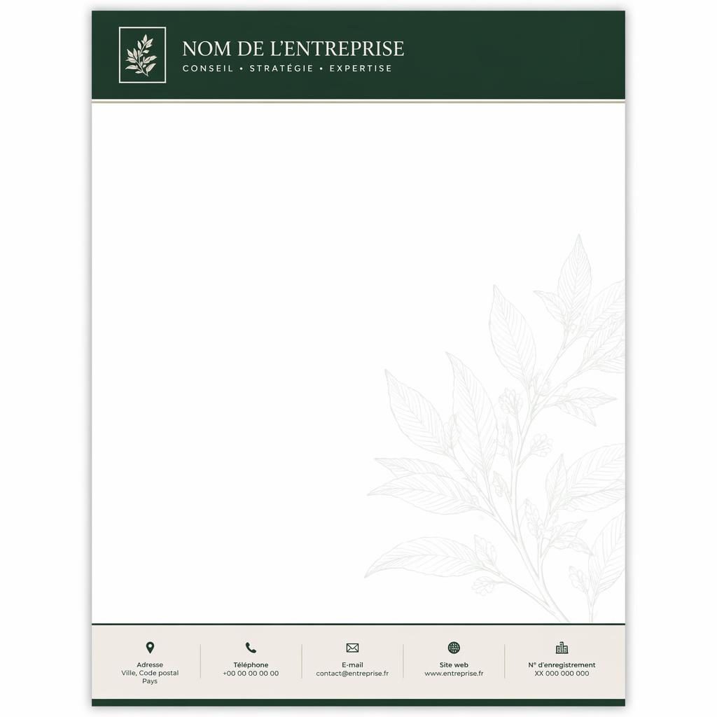 Papier à en-tête A4 portrait vert forêt, bandeau supérieur, pied de page, logo fictif et motif botanique discret.