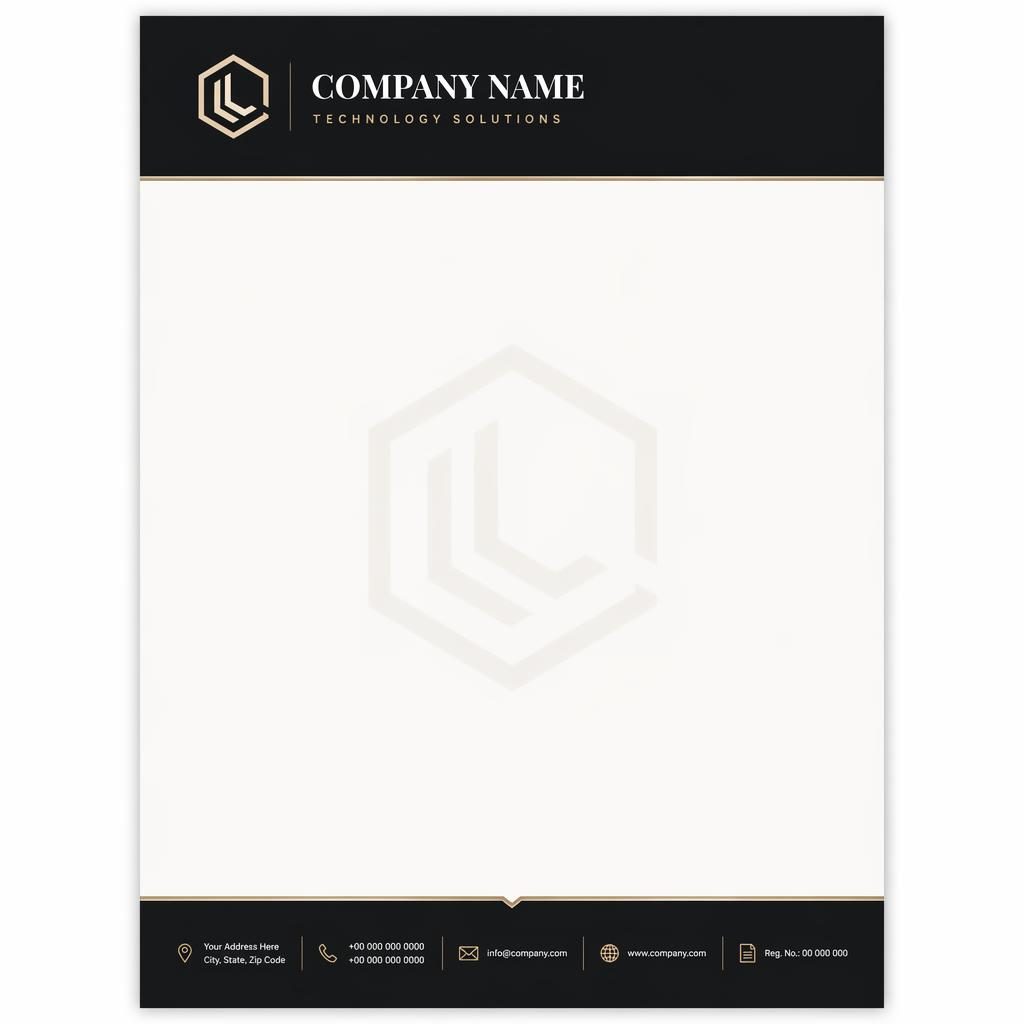 A4 portrait letterhead template with header band, placeholder logo, footer contact strip, and subtle watermark in black and warm white.