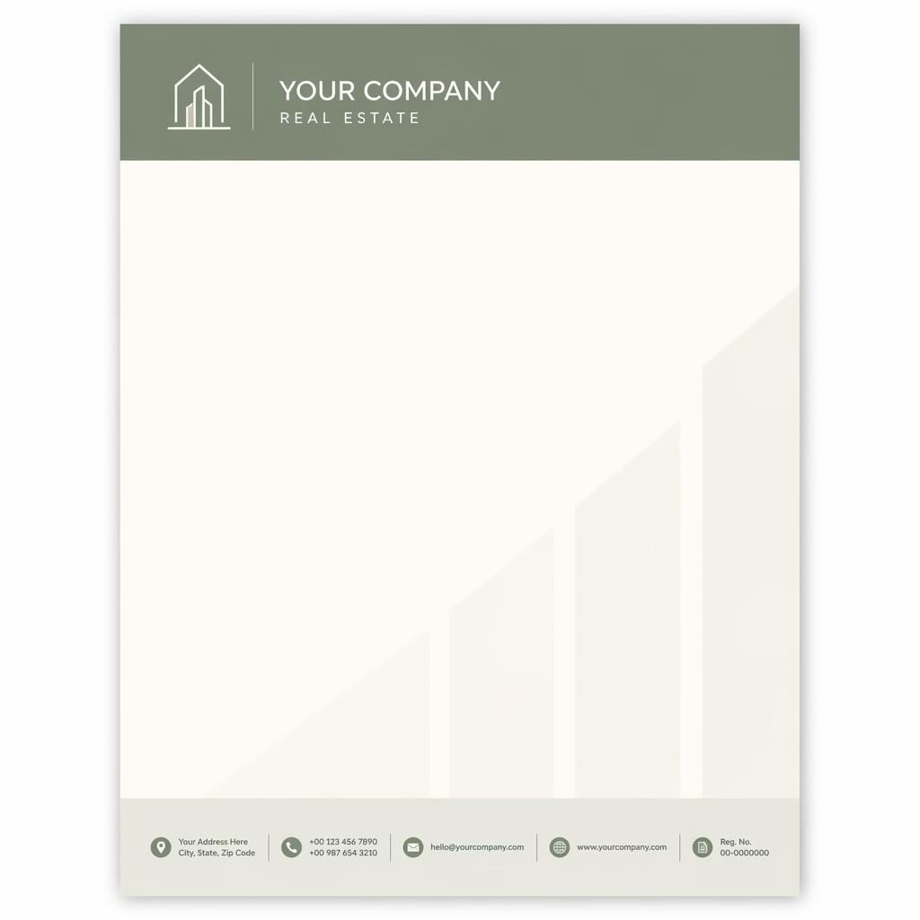 A4 portrait letterhead template in swiss design with sage and ivory palette, header band, footer strip, and soft watermark.