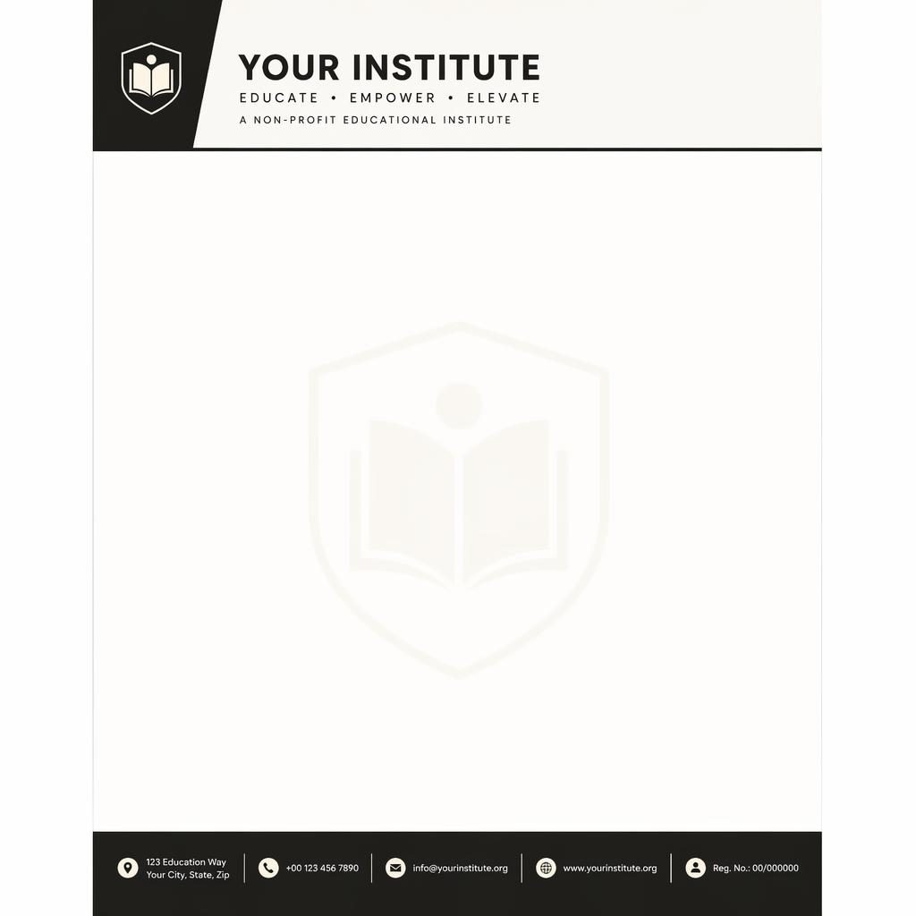 A4 portrait letterhead template with black and warm white Swiss design, header band, footer strip, subtle logo watermark.