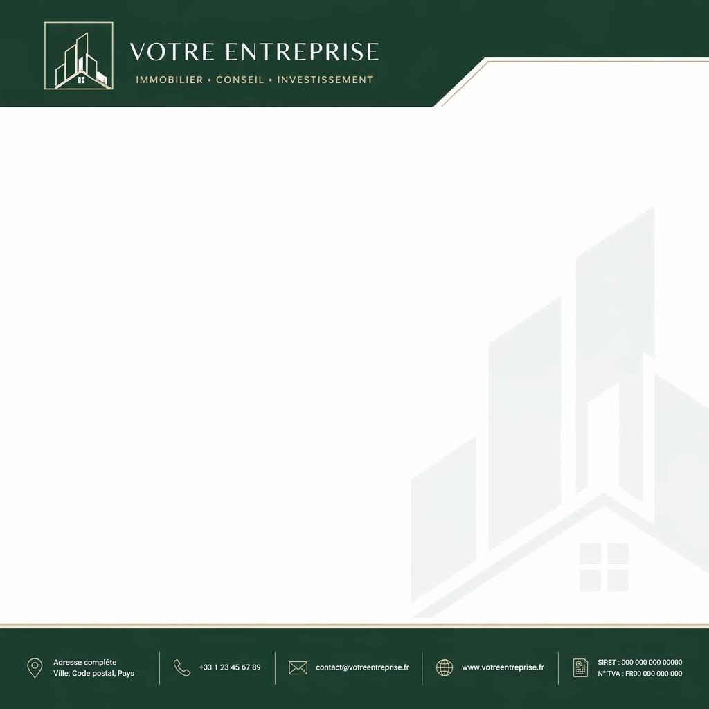 Papier à en-tête A4 portrait vert forêt, bandeau supérieur, pied de page, logo et coordonnées en espaces réservés
