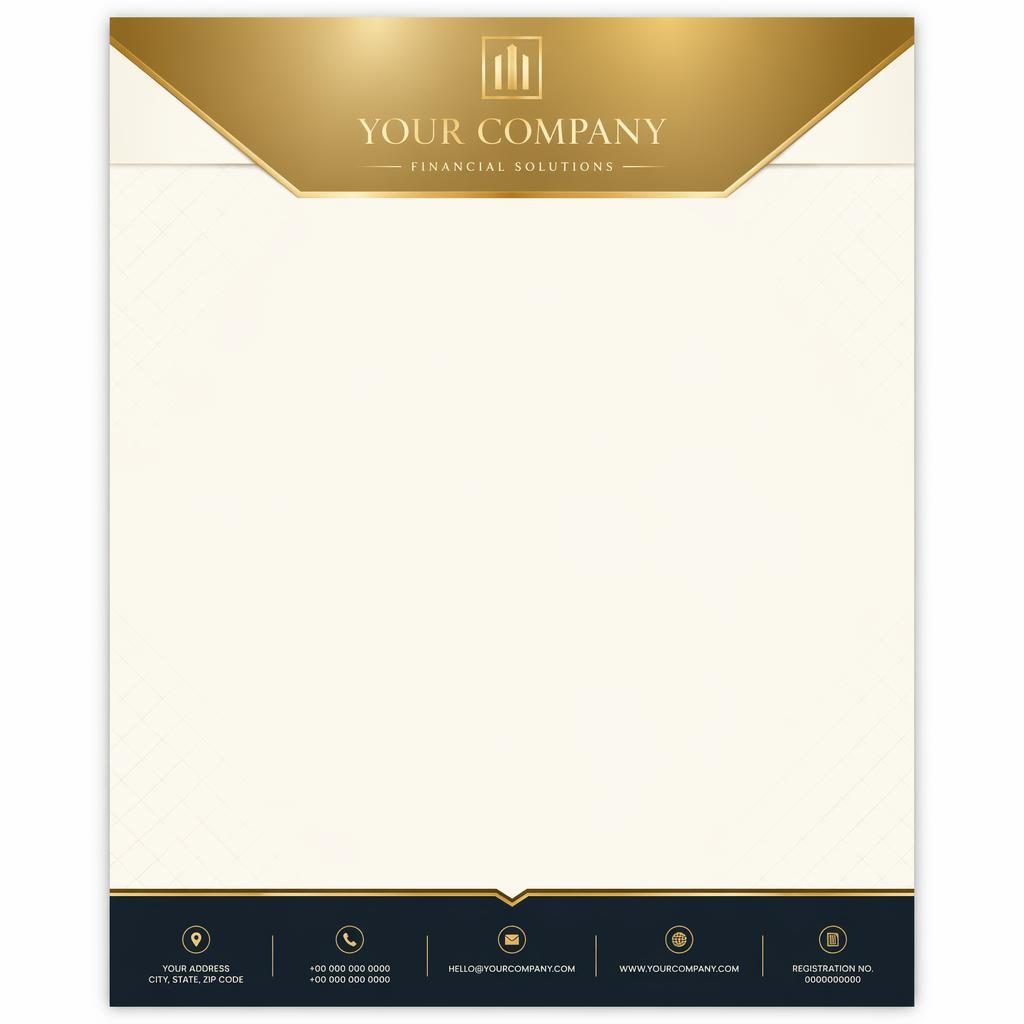 A4 portrait finance letterhead template with gold and cream header band, serif styling, footer strip, and subtle grid watermark.
