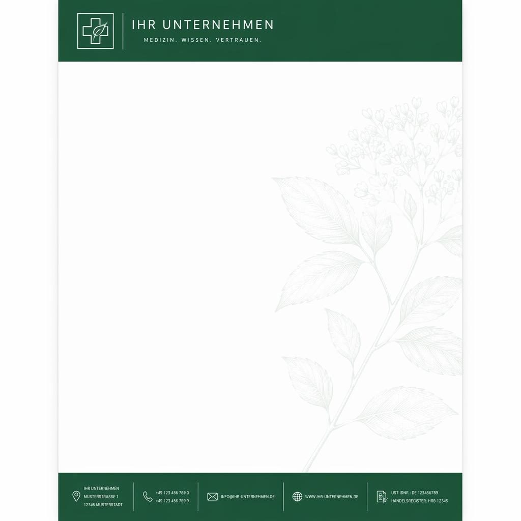 A4-Briefkopf im Swiss-Design in Waldgrün mit Kopfband, Platzhalter-Logo, Fußzeile und botanischem Wasserzeichen