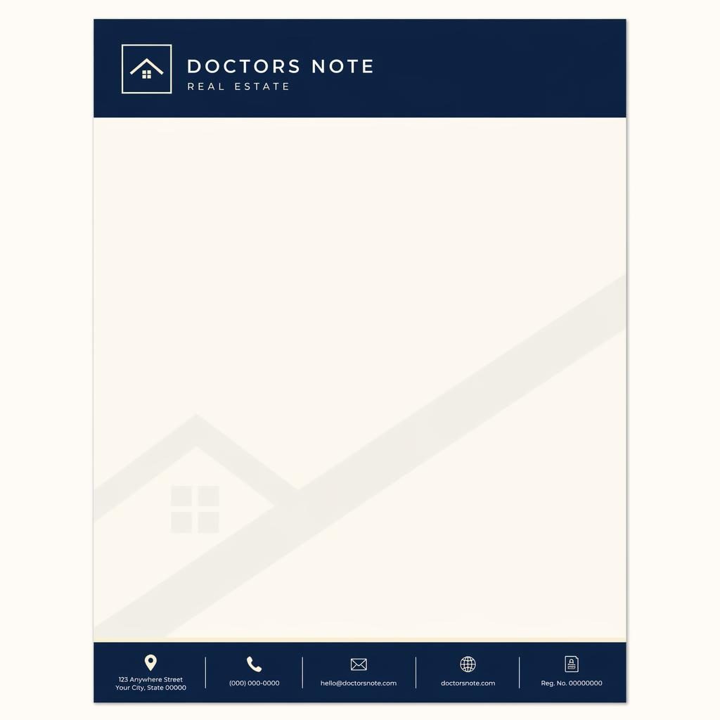 A4 portrait doctors note letterhead template in navy and cream with header band, footer strip, watermark band, and wide text area