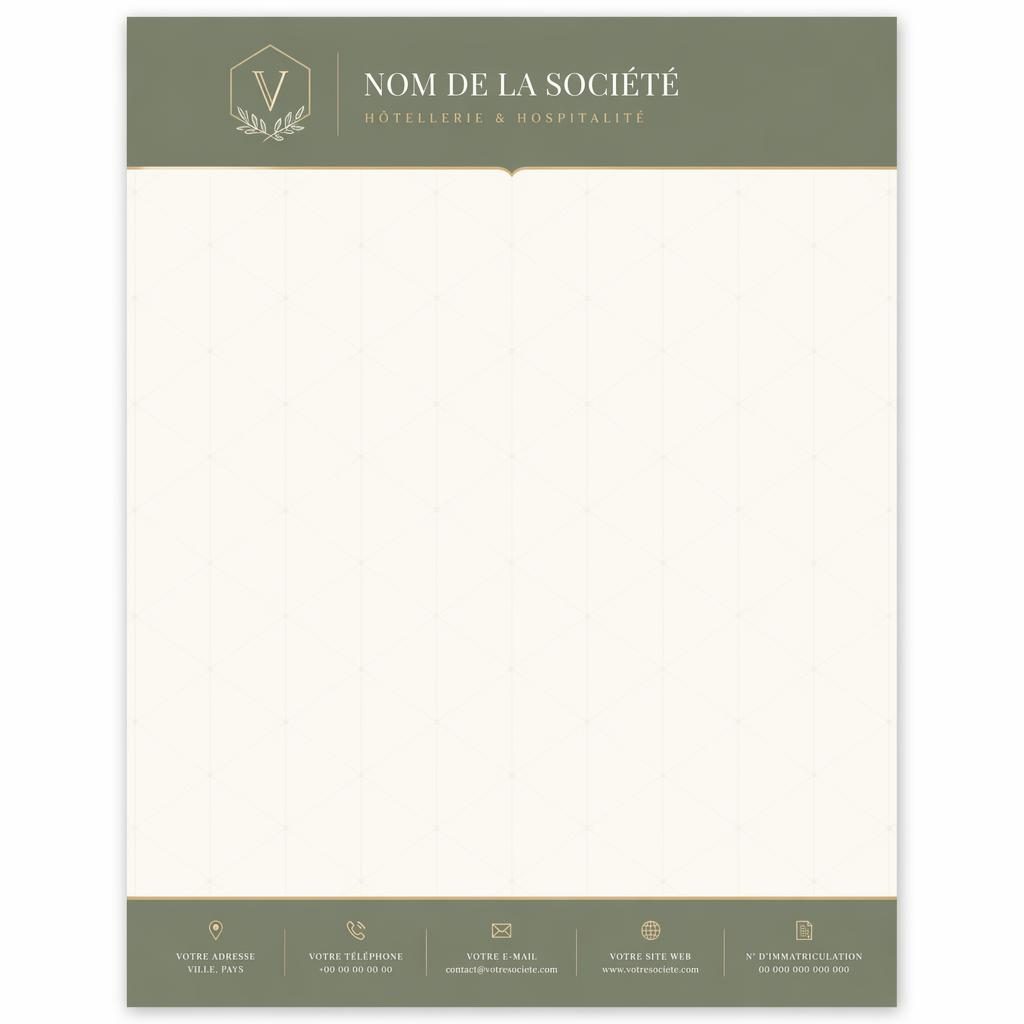 Modèle A4 portrait de papier en tete societe luxe, bandeau d’en-tête sauge, pied de page ivoire et zone de texte épurée.