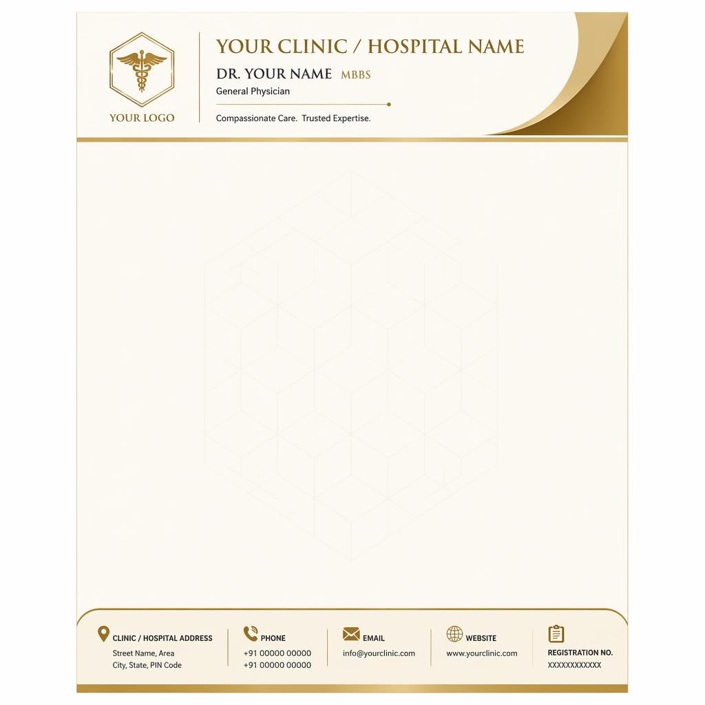 A4 portrait doctor letterhead template with gold and cream header, footer placeholders, geometric watermark, and wide body area.