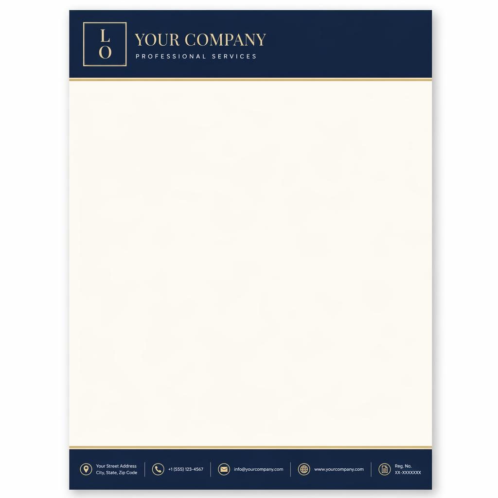 A4 portrait letterhead template with a navy header band, cream background, placeholder logo, and footer contact strip.