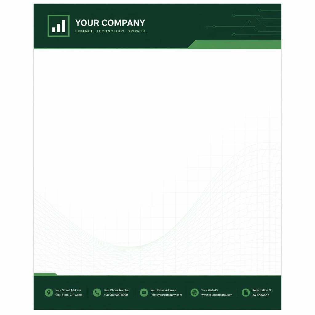 A4 portrait finance letterhead template with forest green header, footer strip, logo placeholder, and subtle grid watermark.