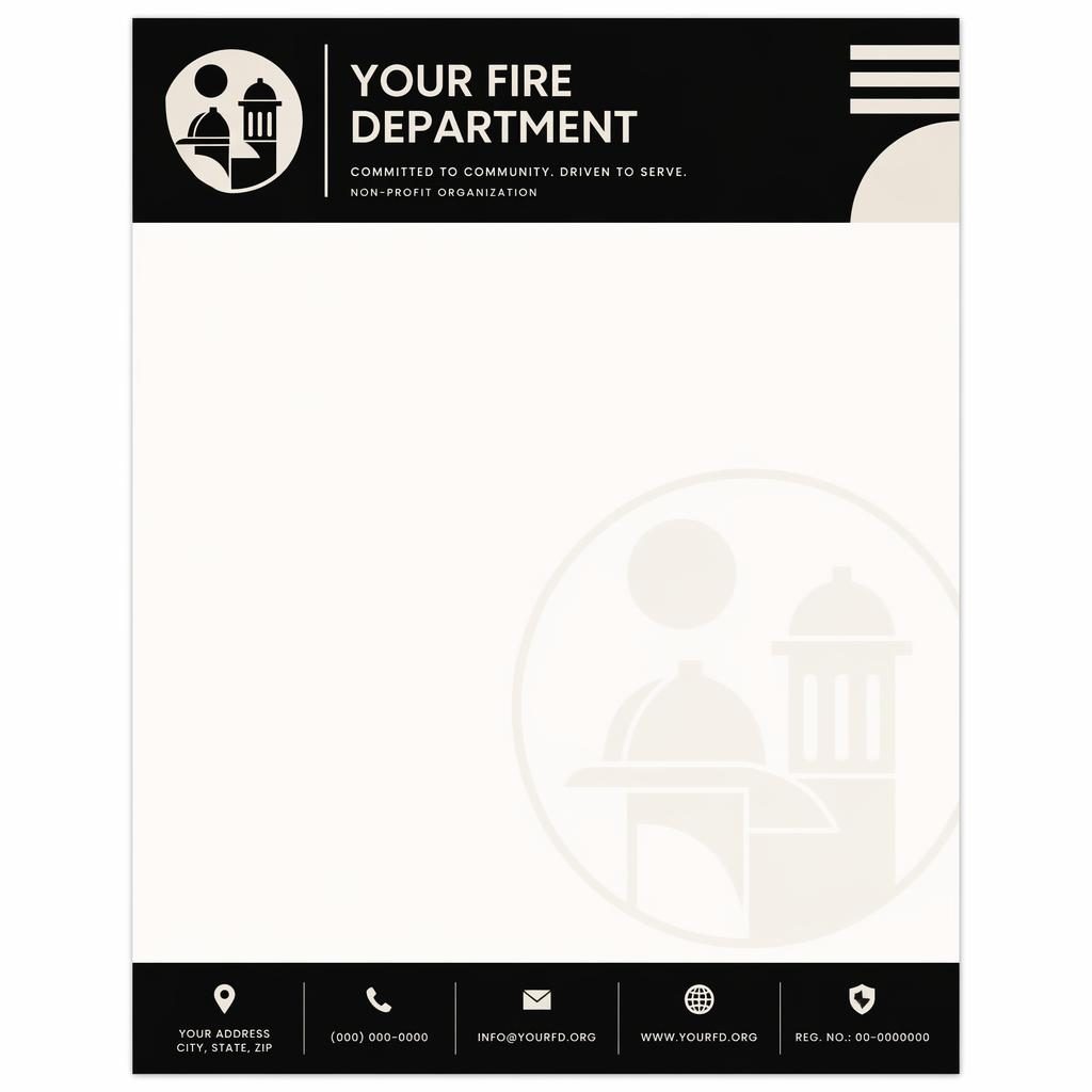 A4 portrait fire department letterhead template in Bauhaus style with black and warm white header, footer, logo placeholders.