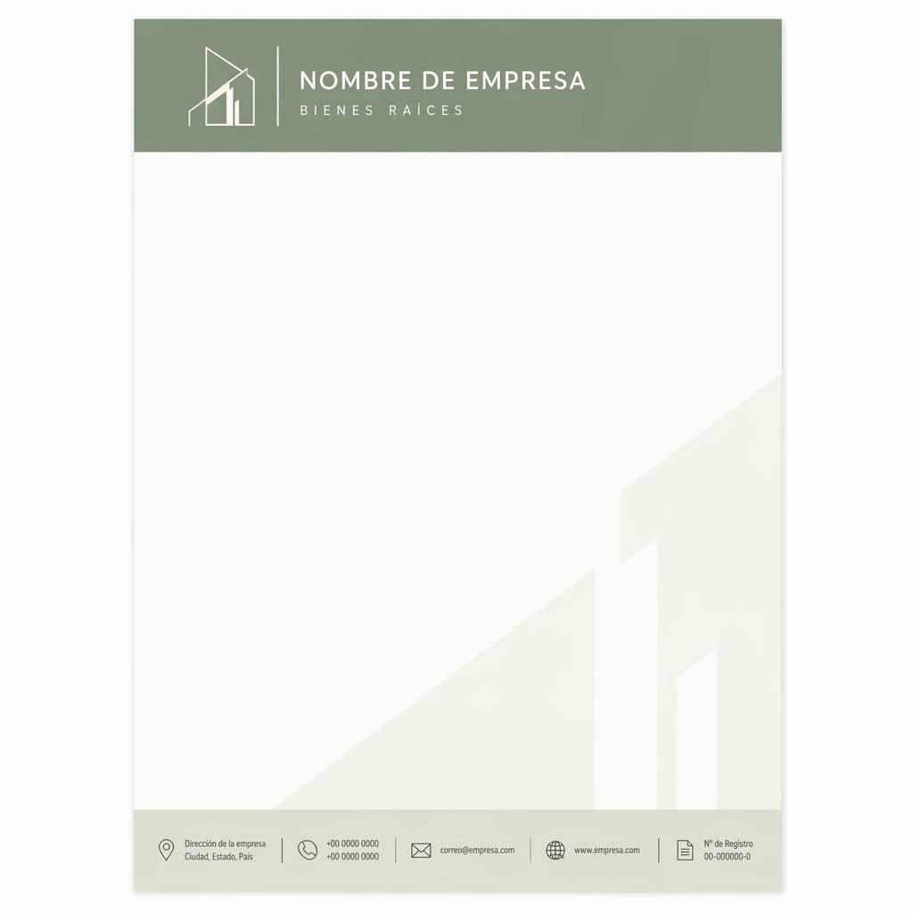 Plantilla A4 vertical de membrete de empresa inmobiliaria con banda superior, pie informativo y paleta salvia marfil.