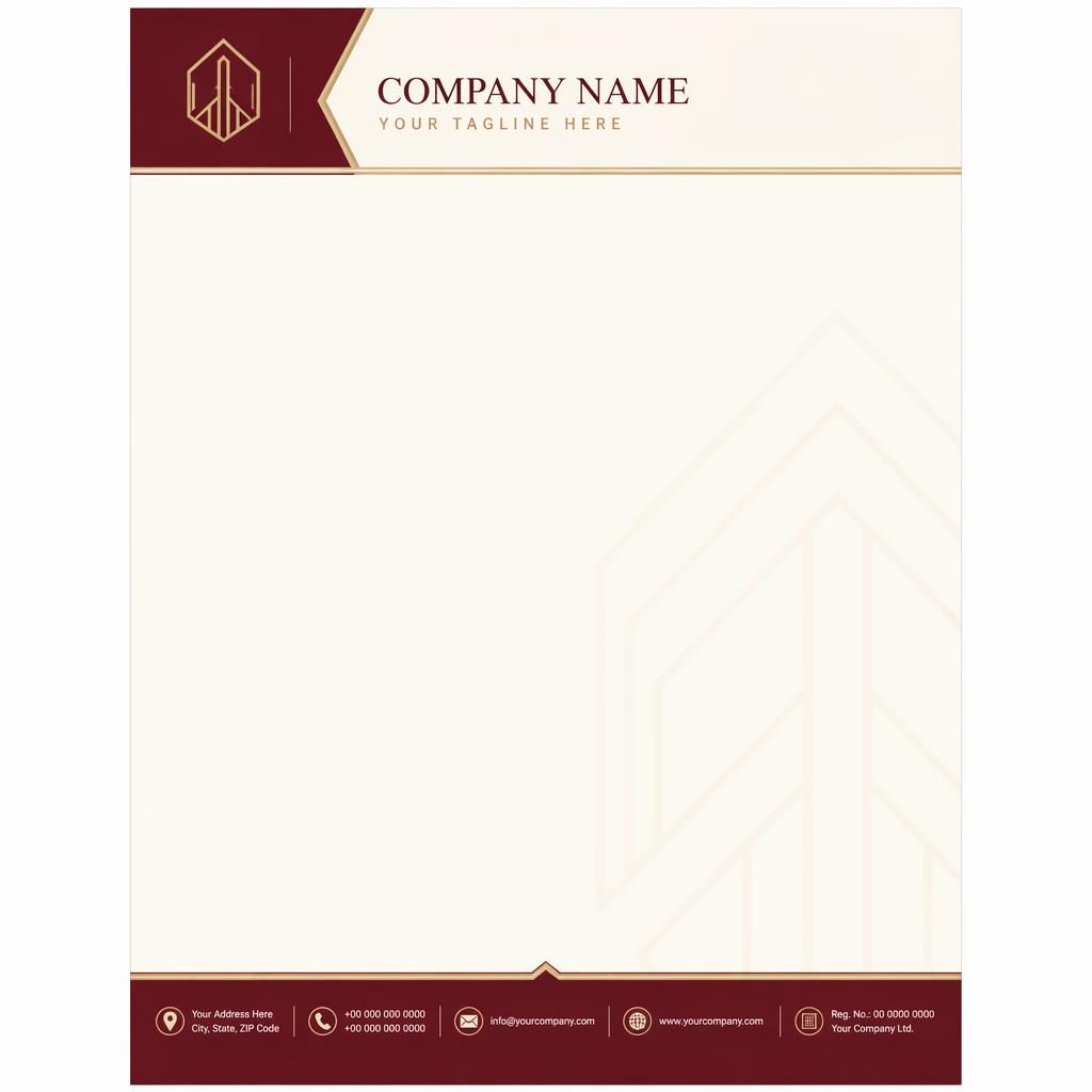A4 portrait letterhead template in burgundy and cream with header band, footer strip, logo placeholder, and geometric watermark.