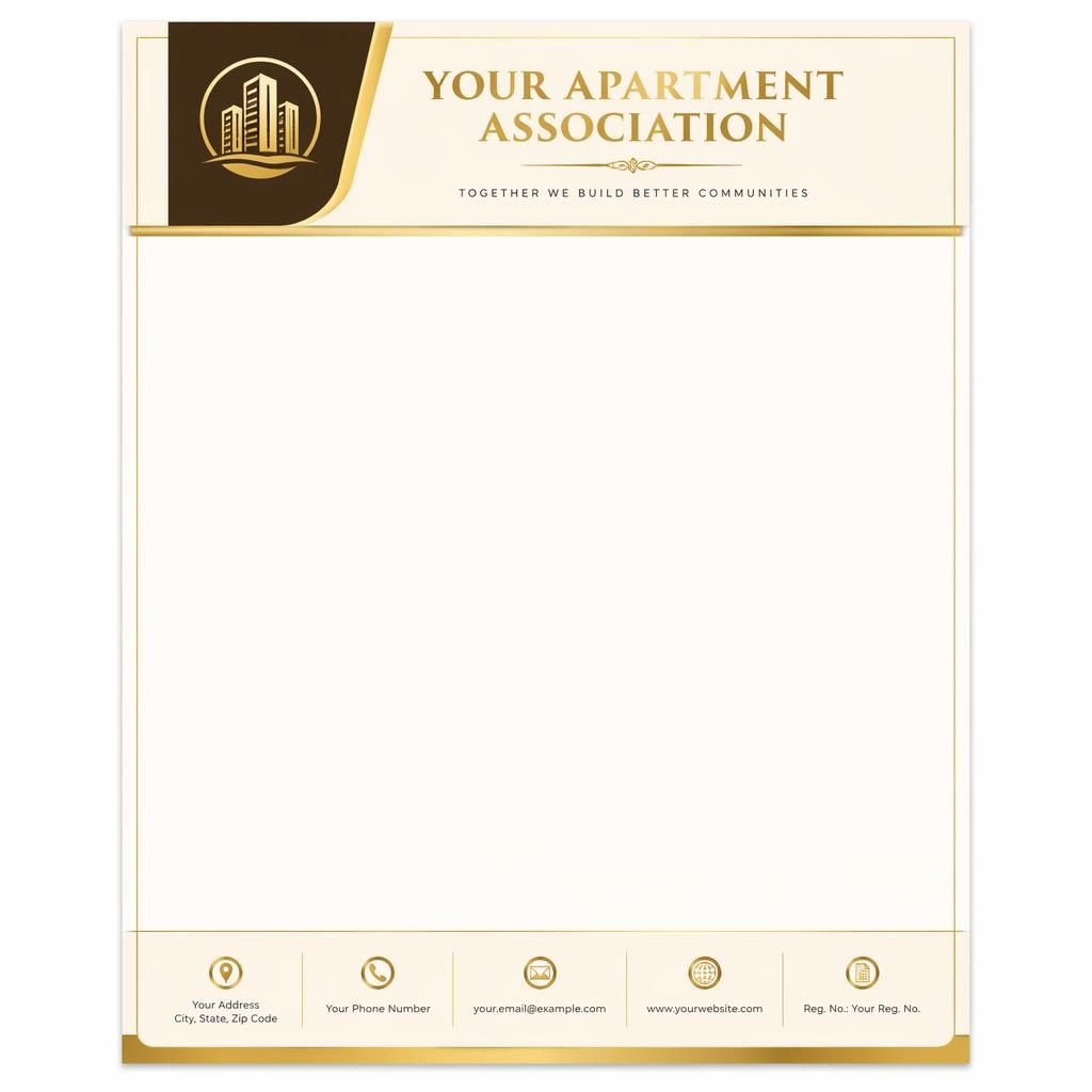 A4 portrait letterhead template with gold and cream header band, footer strip, placeholder logo, and wide body text area.
