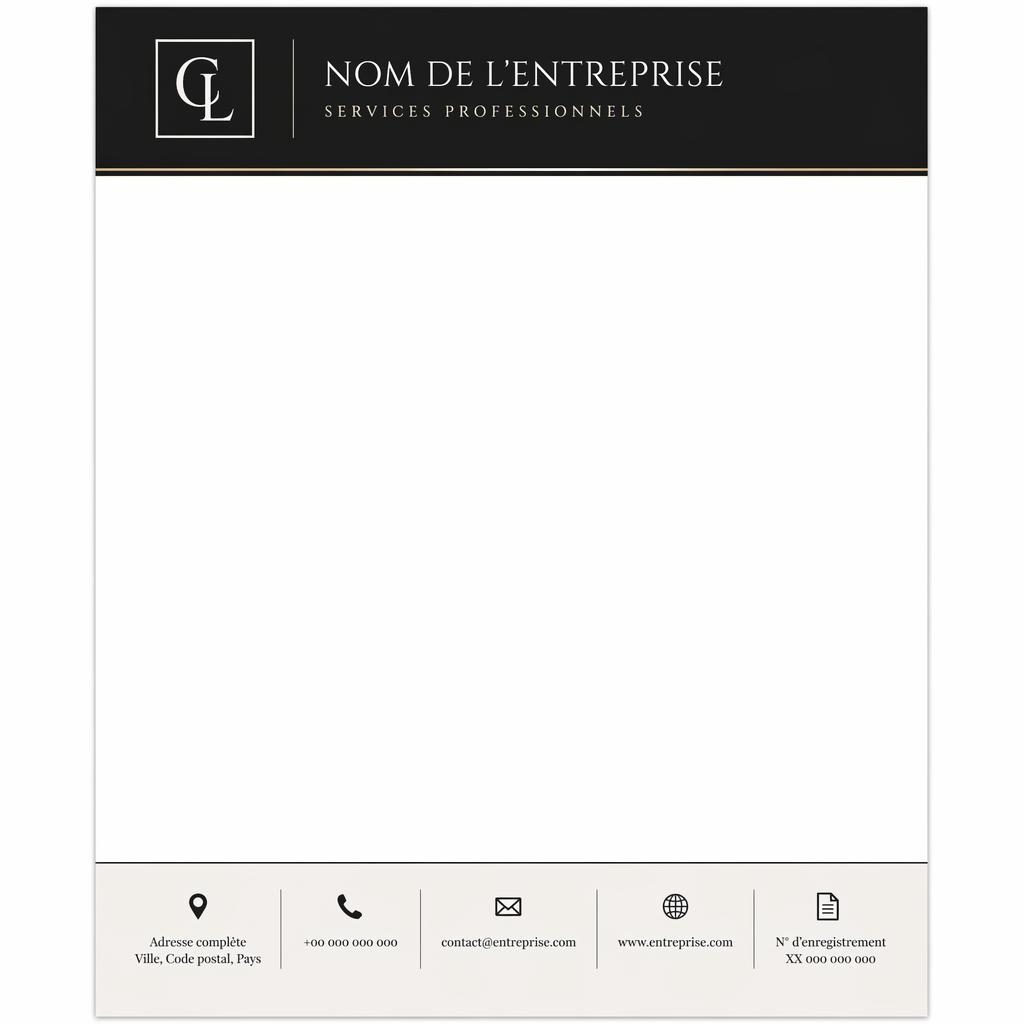 Mise en page A4 portrait d’un modèle en tête de lettre élégant, bandeau supérieur, logo fictif et pied de page structuré