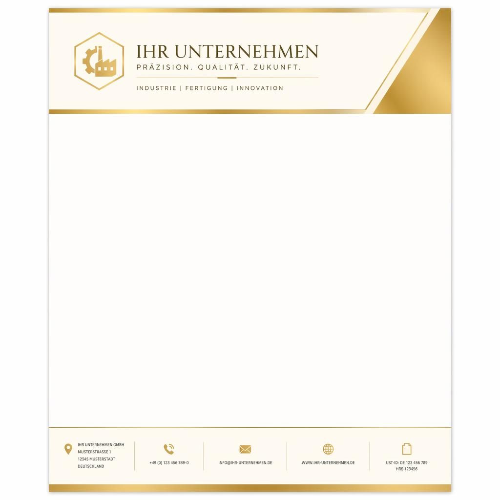 A4-Briefkopfvorlage in Gold und Creme mit Kopfzeile, Logo-Platzhalter, Firmenname und Fußleiste mit Kontaktdaten.