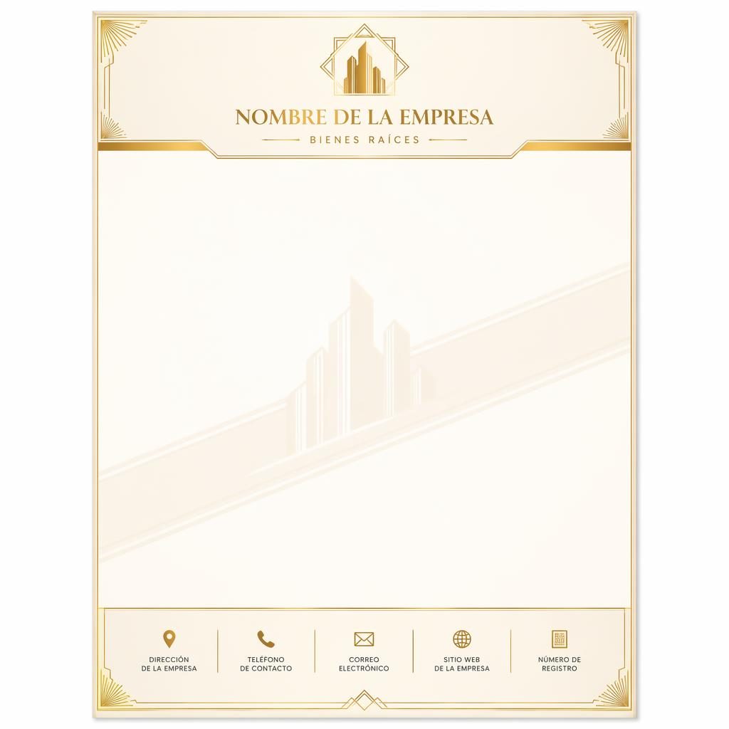 Plantilla A4 vertical de membrete para sobre inmobiliario, estilo art déco, con banda superior, pie y detalles dorado crema