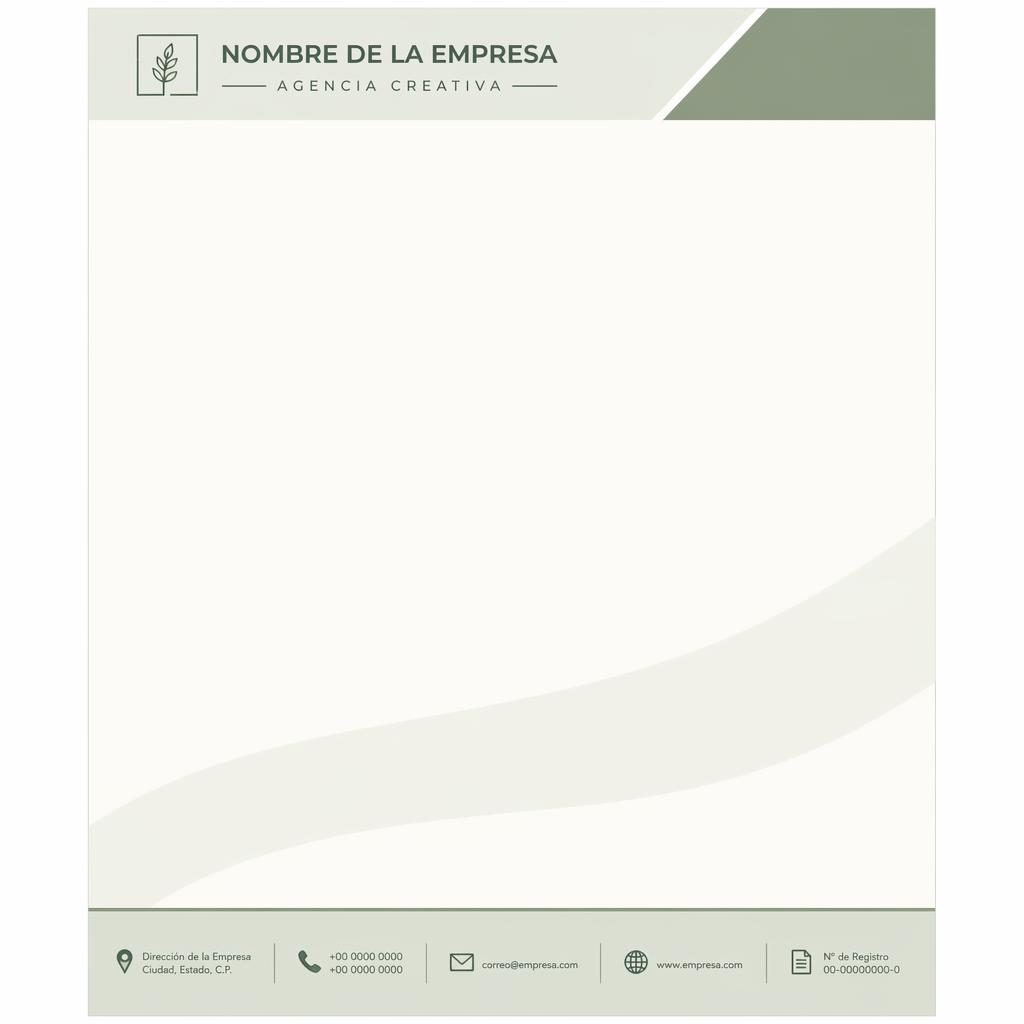 Plantilla A4 vertical de membrete para sobre con banda superior, franja inferior, logo de marcador y paleta salvia e marfil.