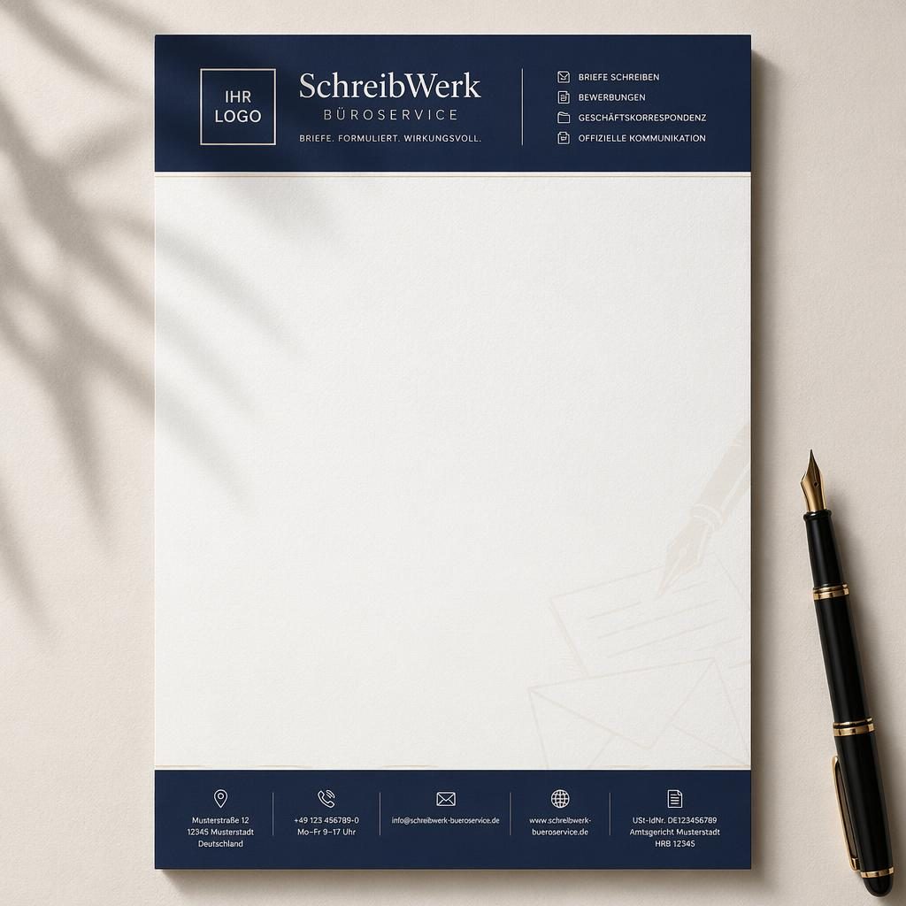 A4-Briefpapier mit Kopfzeile, Platzhalter-Logo, cremefarbenem Band, Footer mit Kontaktdaten und Papierstruktur