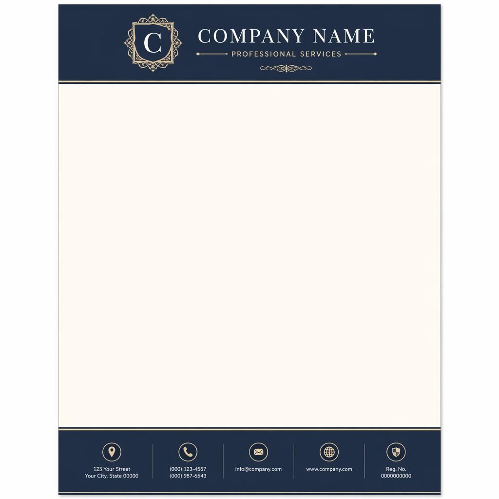 A4 portrait letterhead template with navy header band, cream background, footer strip, and placeholder branding details