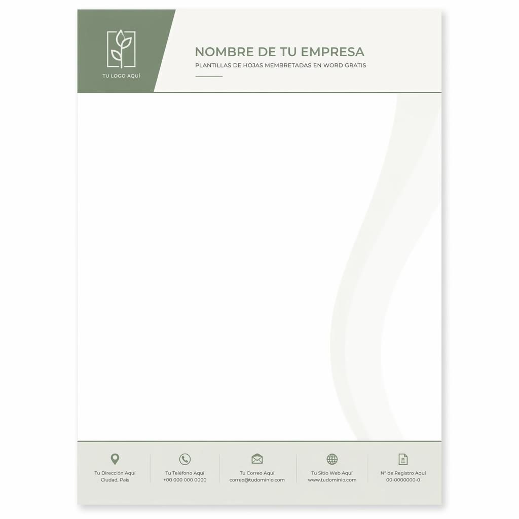 Plantilla de hoja membretada A4 vertical en verde salvia y marfil, con encabezado, pie de página y marca de agua suave.