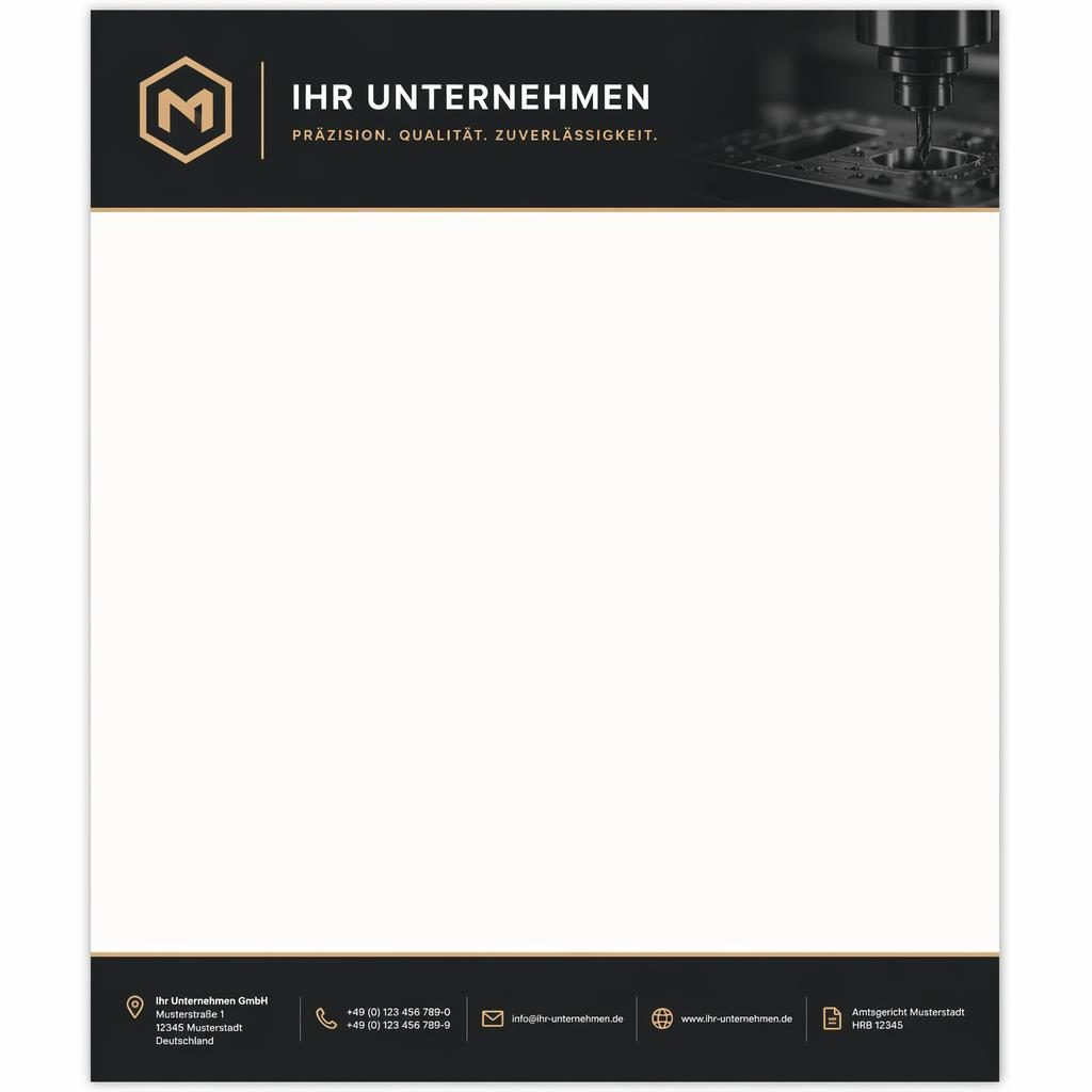Klassische A4-Briefkopf-Vorlage in Schwarz und Warmweiß mit Kopfzeile, Platzhalter-Logo, Firmenname und Fußleiste