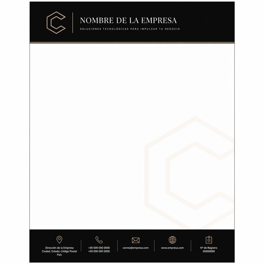 Plantilla de membrete A4 vertical en negro y blanco cálido, con banda superior, pie informativo y marca de agua sutil