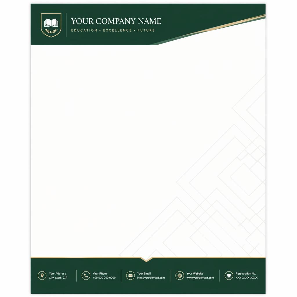 A4 portrait education letterhead template with forest green header, footer placeholders, geometric watermark, and wide body area.