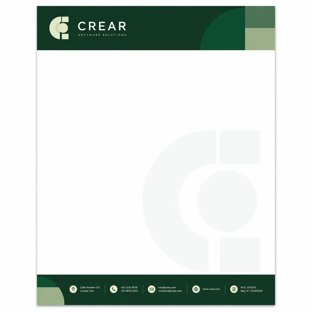 Plantilla de membrete A4 vertical tech/SaaS con banda superior, franja inferior, logo de marcador y paleta verde bosque.