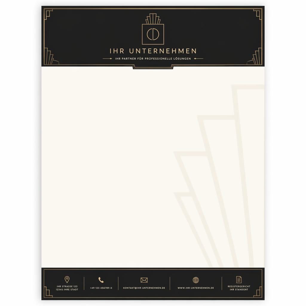 A4-Briefkopf im Art-Déco-Stil in Schwarz und Warmweiß mit Kopfband, Fußleiste, Platzhaltern und weichem Wasserzeichen