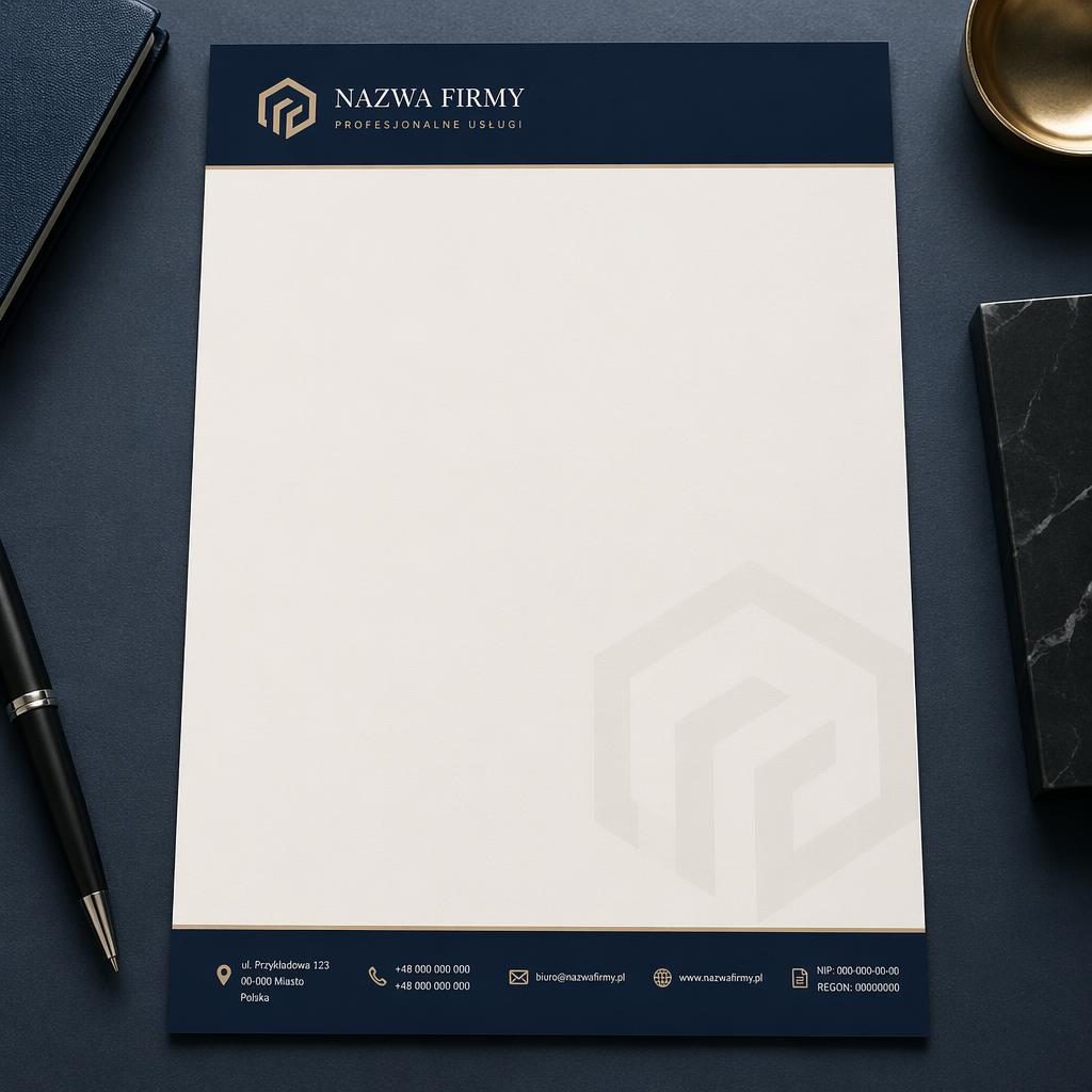 Widok z góry na szablon A4 papieru firmowego w kolorach granatu i kremu z nagłówkiem, stopką i znakiem wodnym